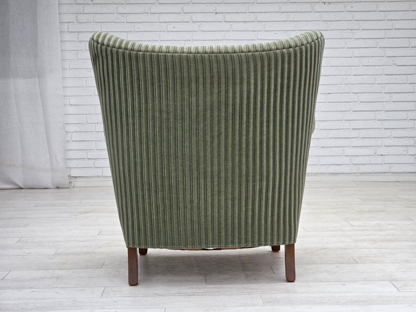 1960s, Danish armchair, green furniture velour, oak wood legs.