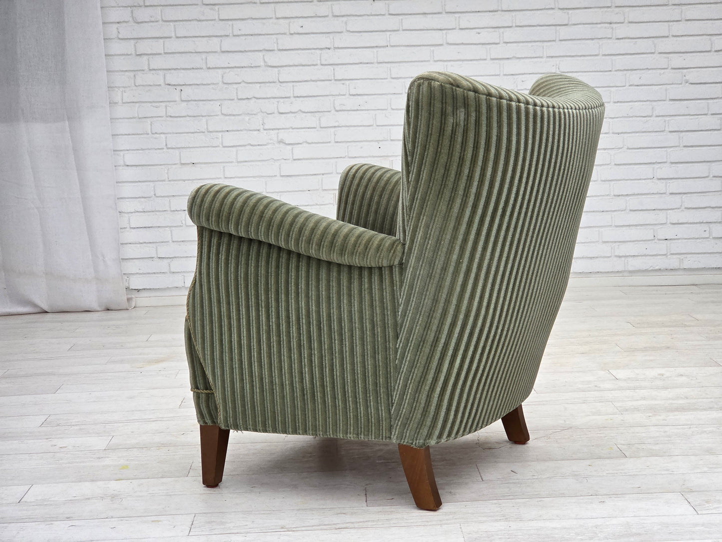 1960s, Danish armchair, green furniture velour, oak wood legs.