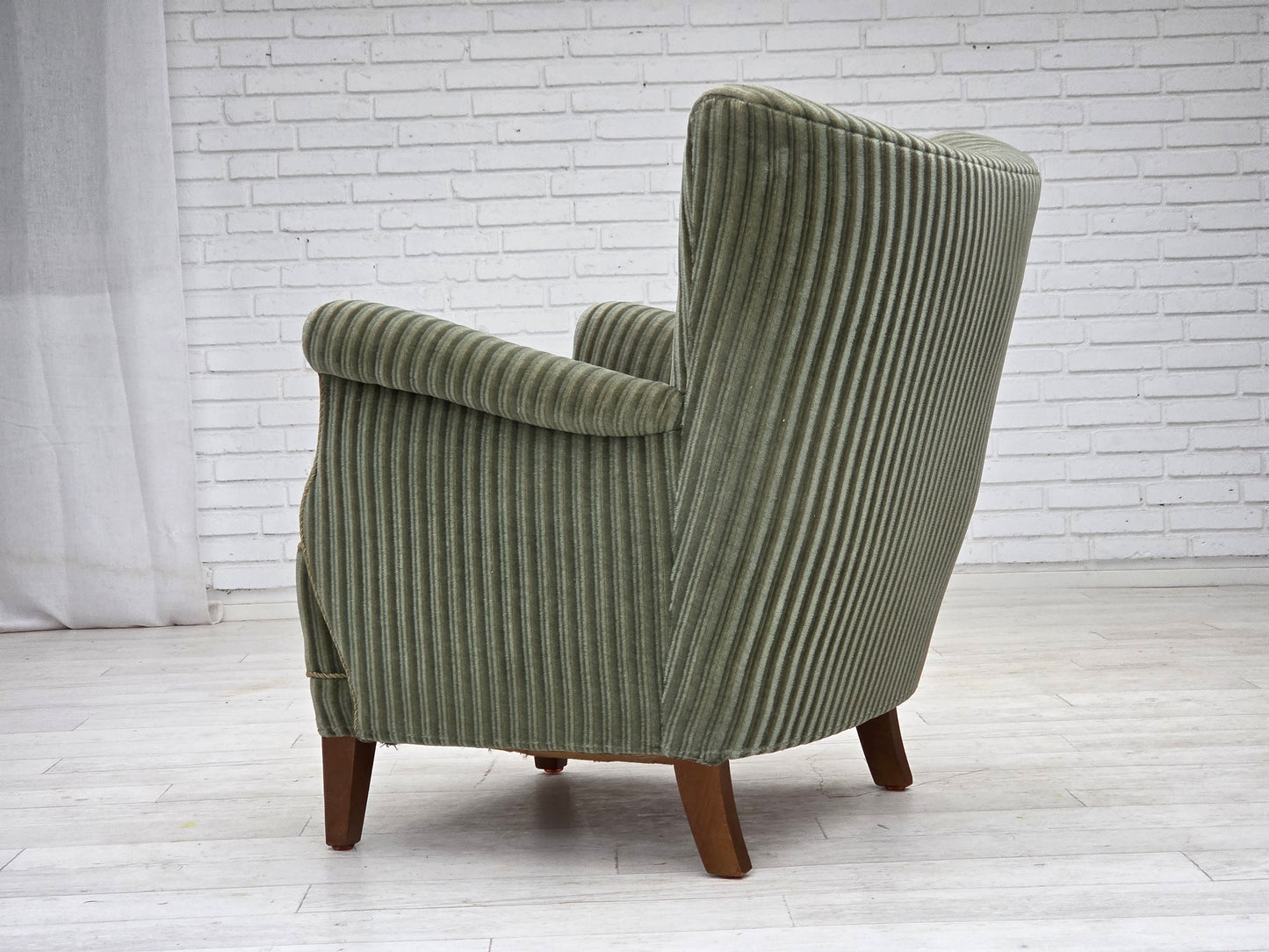 1960s, Danish armchair, green furniture velour, oak wood legs.