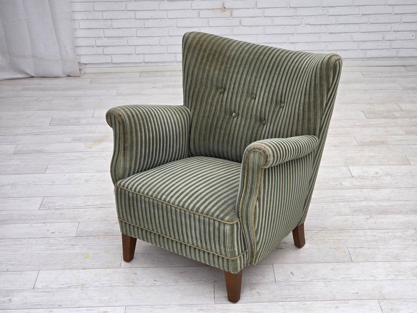1960s, Danish armchair, green furniture velour, oak wood legs.