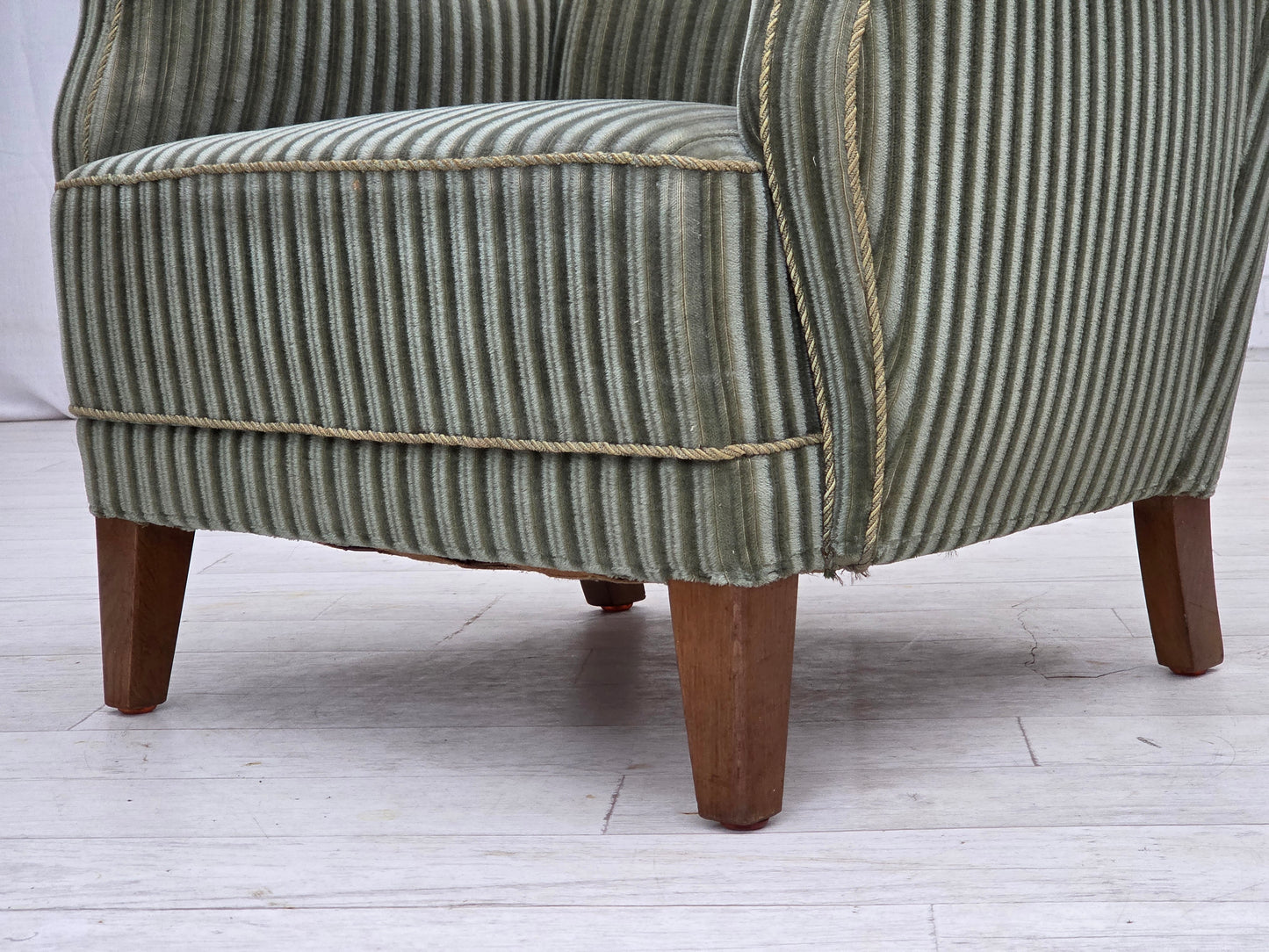 1960s, Danish armchair, green furniture velour, oak wood legs.