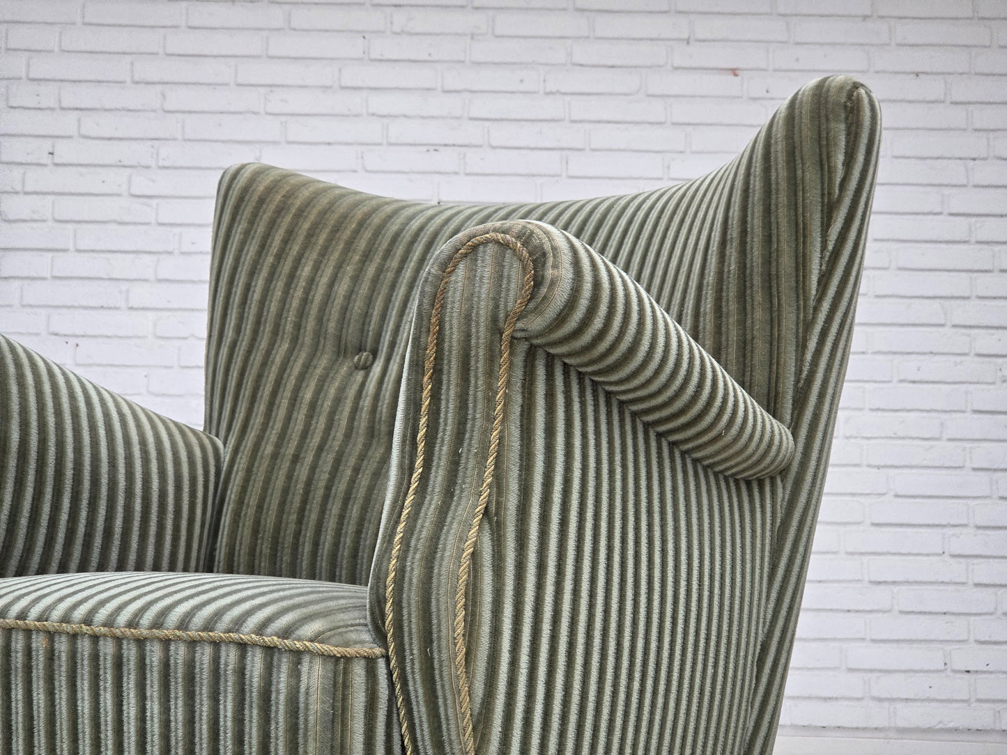 1960s, Danish armchair, green furniture velour, oak wood legs.