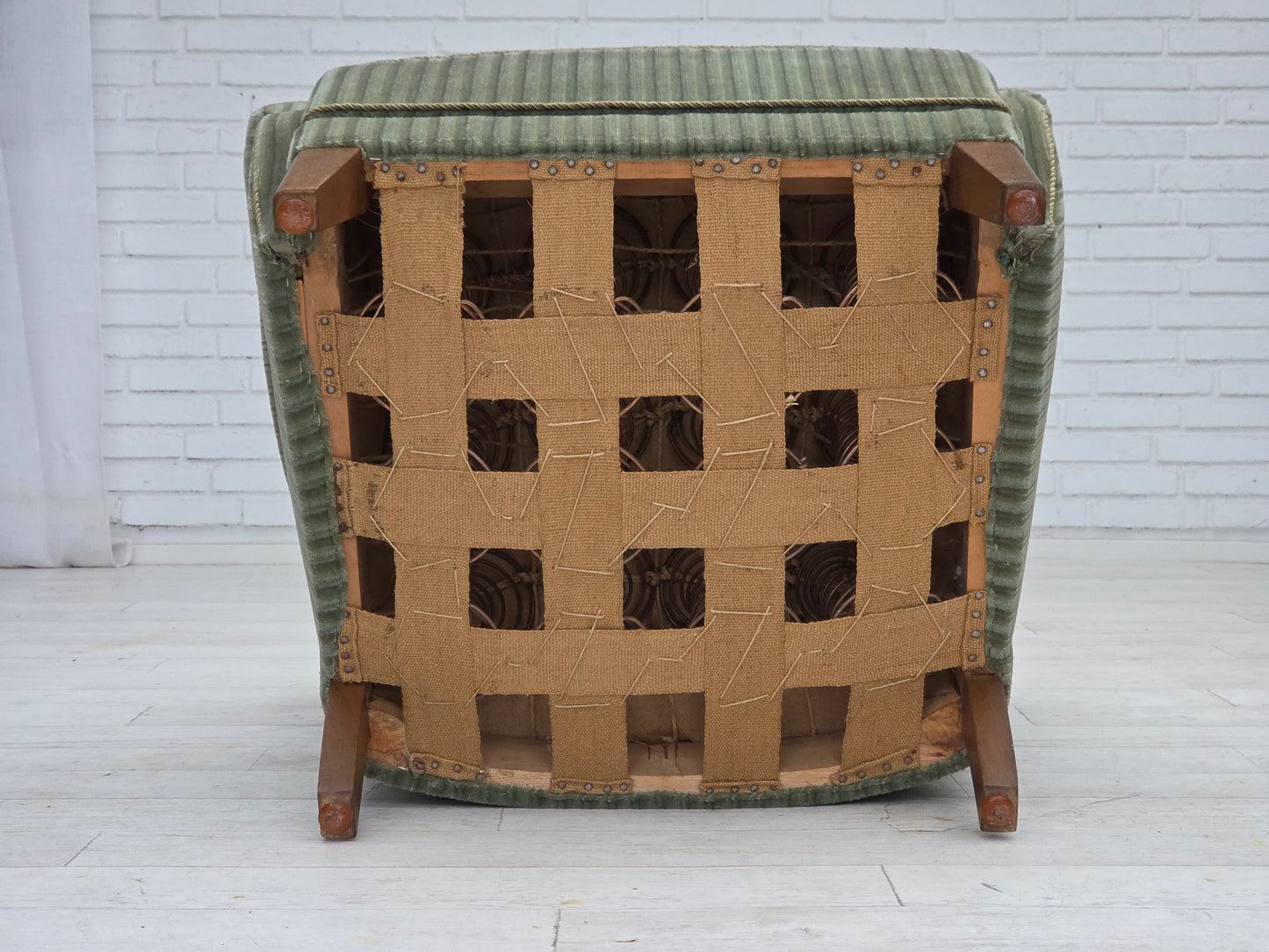 1960s, Danish armchair, green furniture velour, oak wood legs.