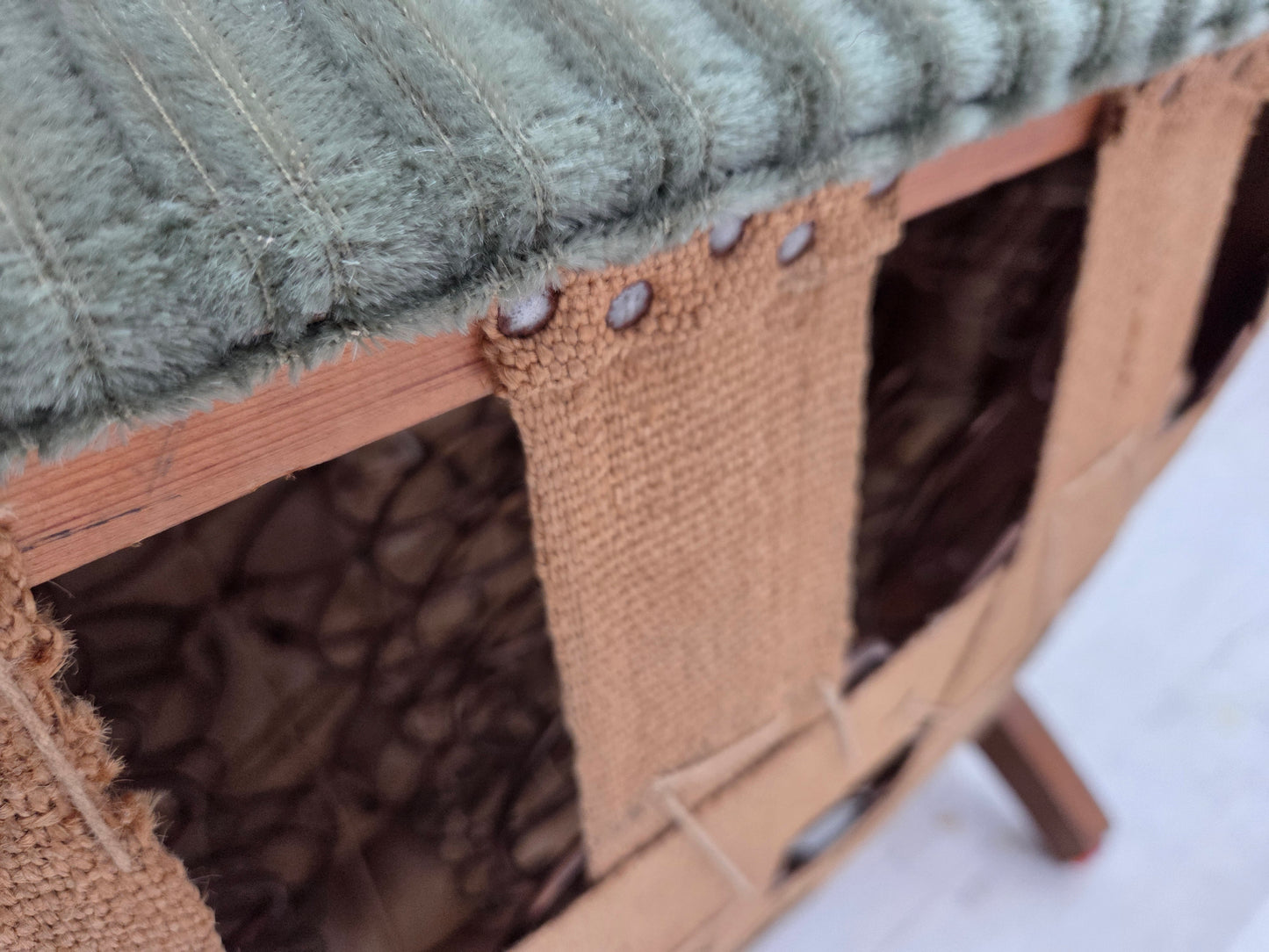 1960s, Danish armchair, green furniture velour, oak wood legs.