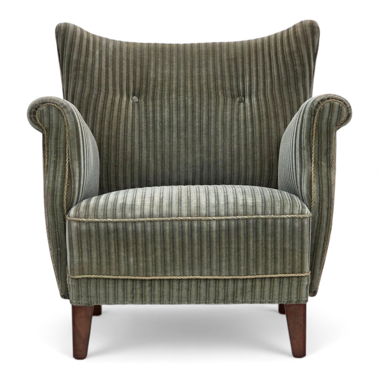 1960s, Danish armchair, green furniture velour, oak wood legs.