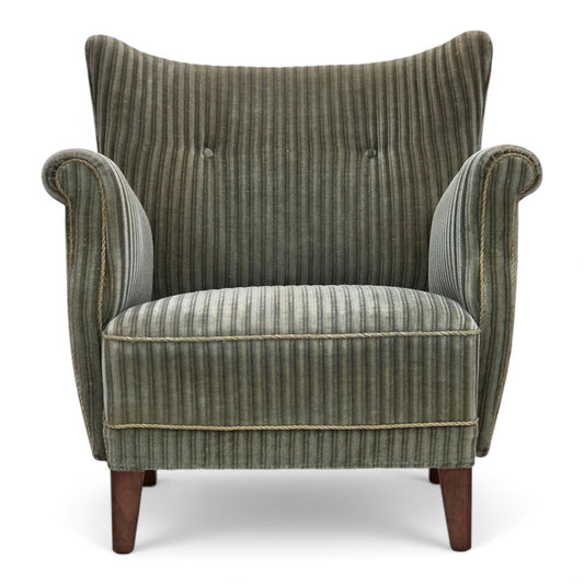 1960s, Danish armchair, green furniture velour, oak wood legs.