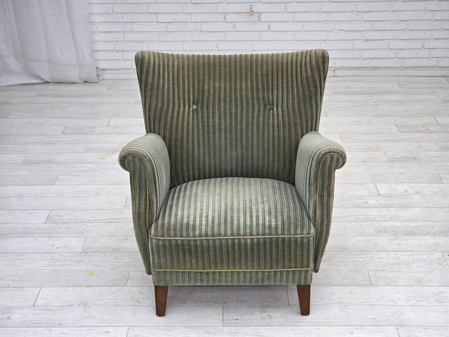 1960s, Danish armchair, green furniture velour, oak wood legs.