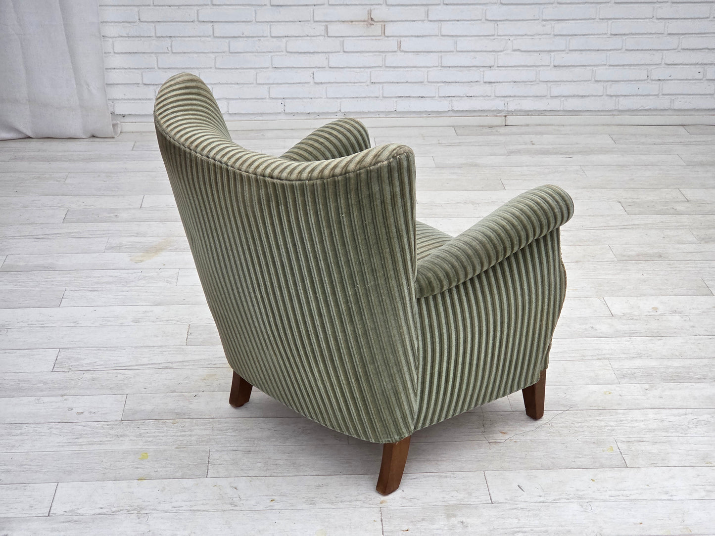 1960s, Danish armchair, green furniture velour, oak wood legs.