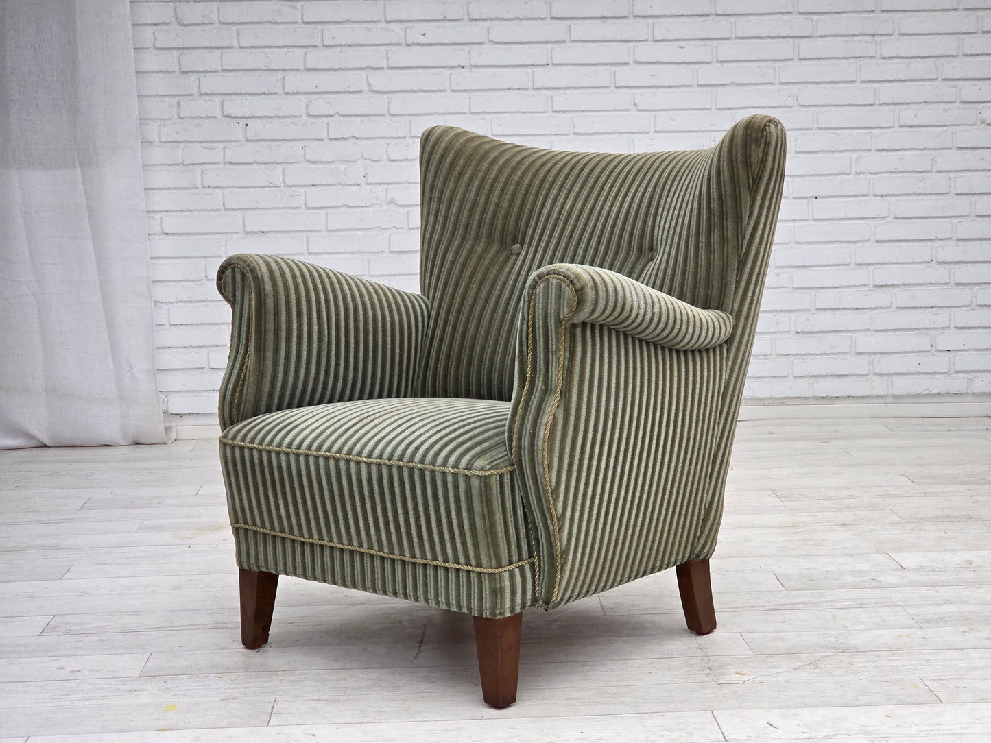 1960s, Danish armchair, green furniture velour, oak wood legs.