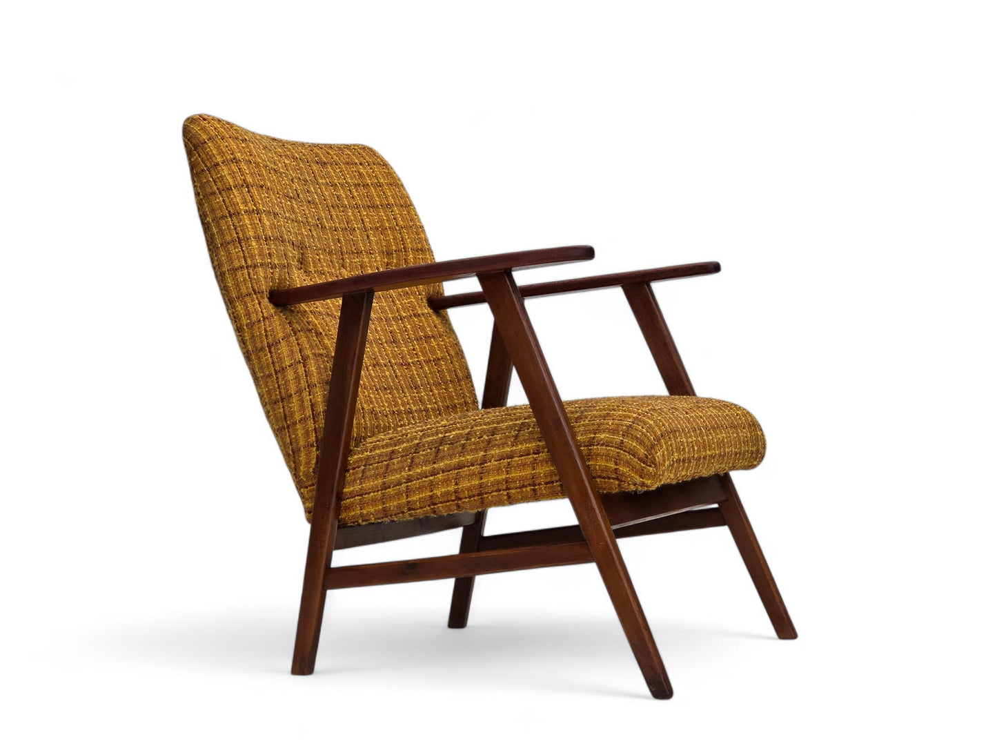 1960s, Danish armchair, furniture wool fabric, teak wood, oak wood.