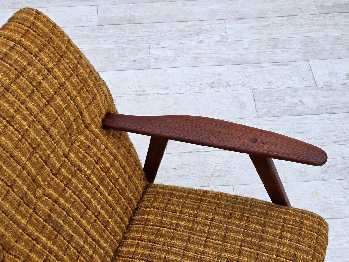 1960s, Danish armchair, furniture wool fabric, teak wood, oak wood.