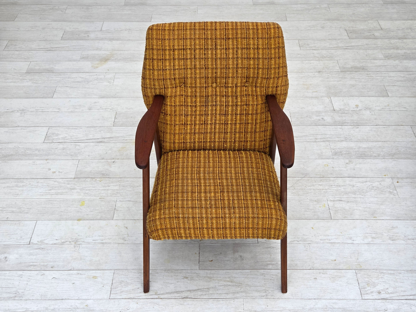 1960s, Danish armchair, furniture wool fabric, teak wood, oak wood.