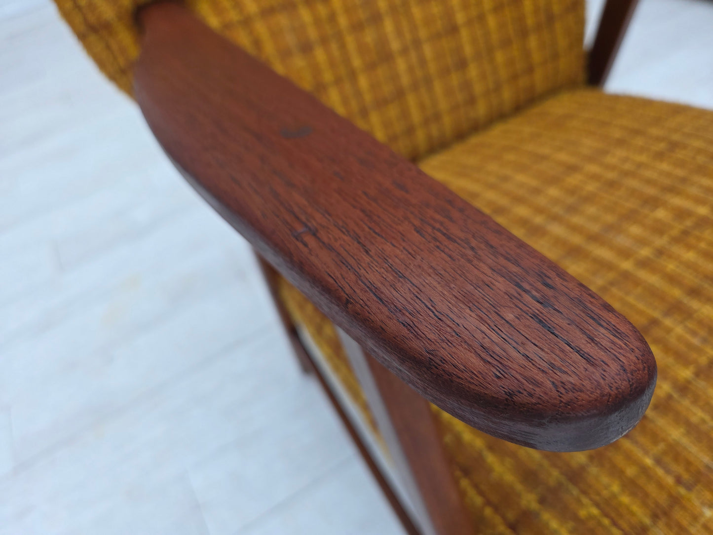 1960s, Danish armchair, furniture wool fabric, teak wood, oak wood.