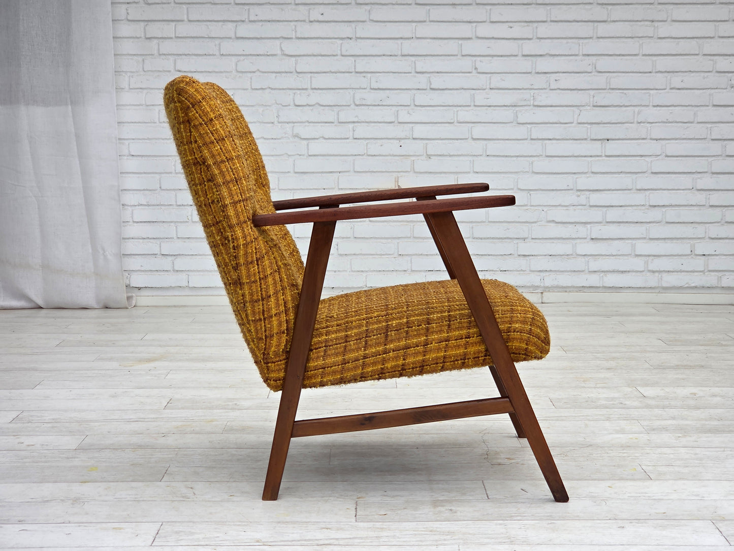 1960s, Danish armchair, furniture wool fabric, teak wood, oak wood.