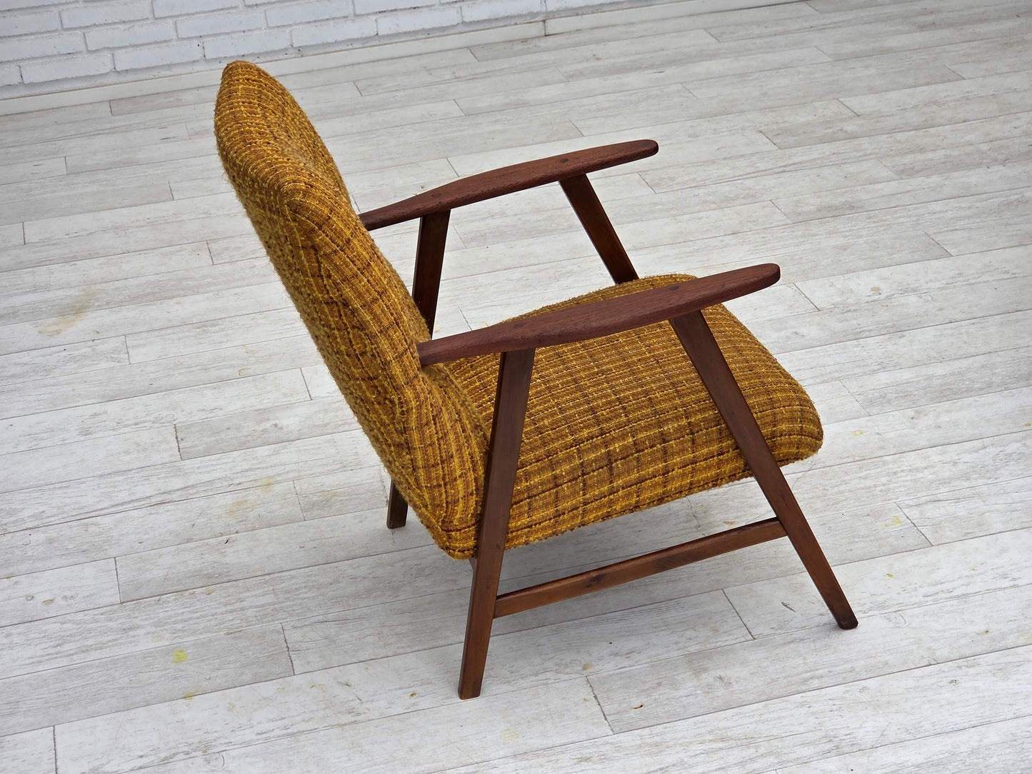 1960s, Danish armchair, furniture wool fabric, teak wood, oak wood.