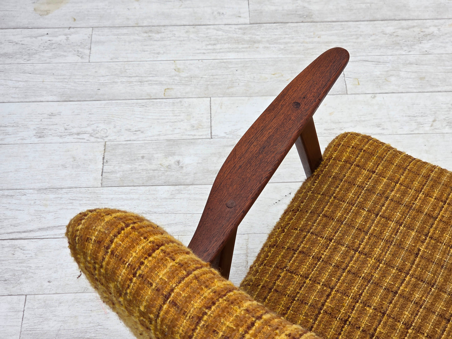 1960s, Danish armchair, furniture wool fabric, teak wood, oak wood.