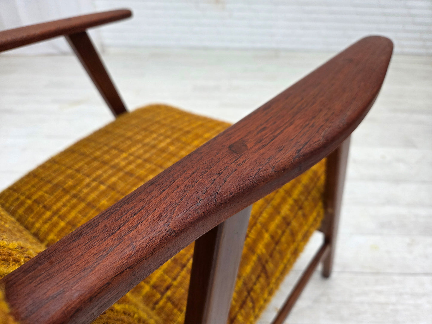 1960s, Danish armchair, furniture wool fabric, teak wood, oak wood.