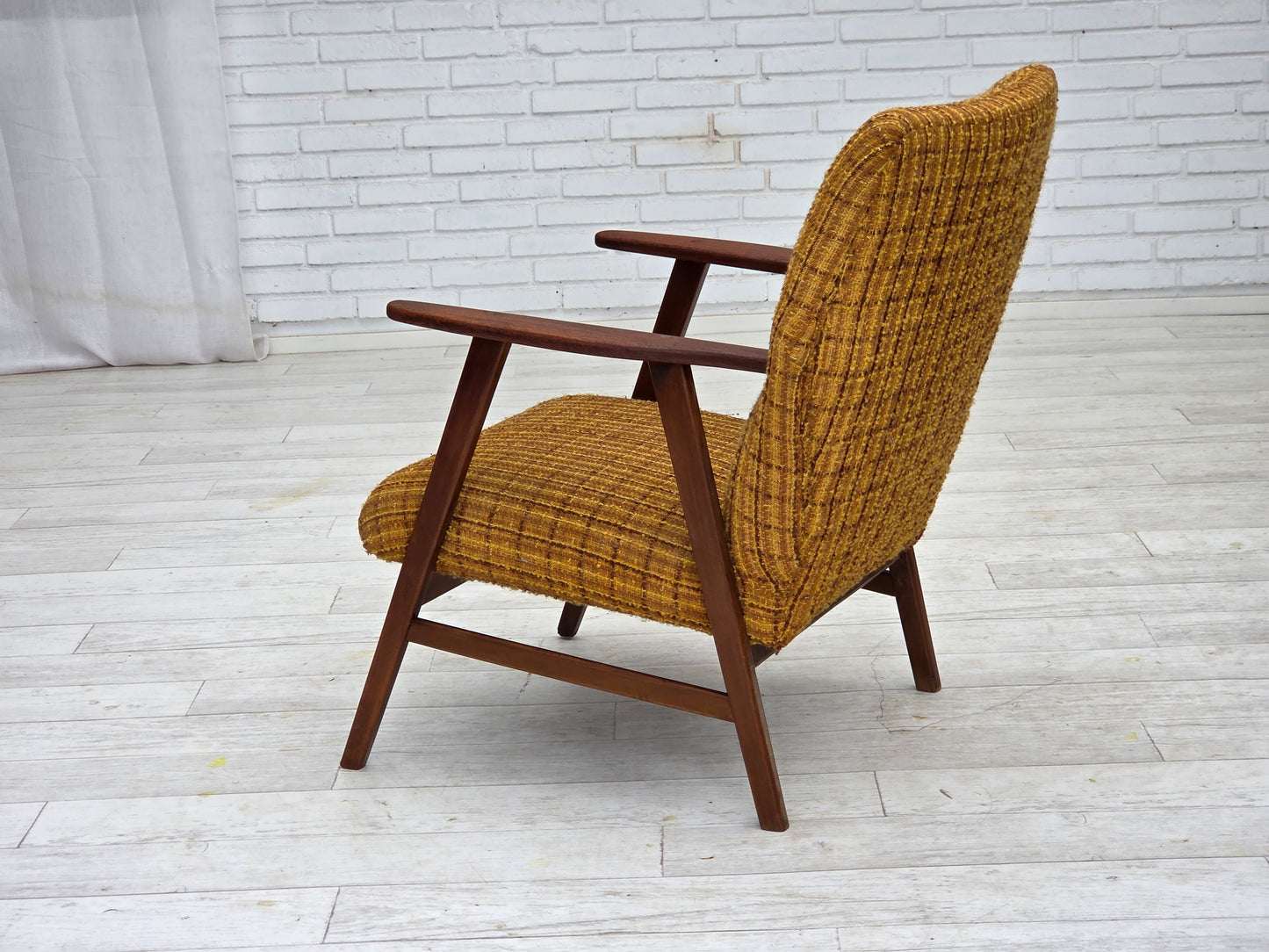 1960s, Danish armchair, furniture wool fabric, teak wood, oak wood.