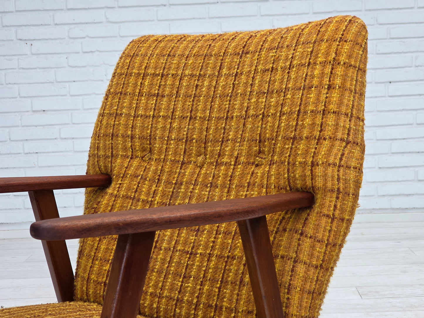 1960s, Danish armchair, furniture wool fabric, teak wood, oak wood.