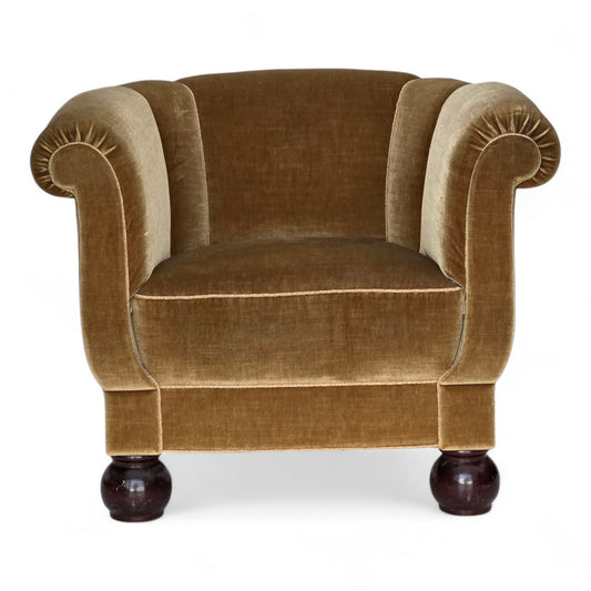 1960s, Danish relax armchair, light green furniture velour, oak wood legs.