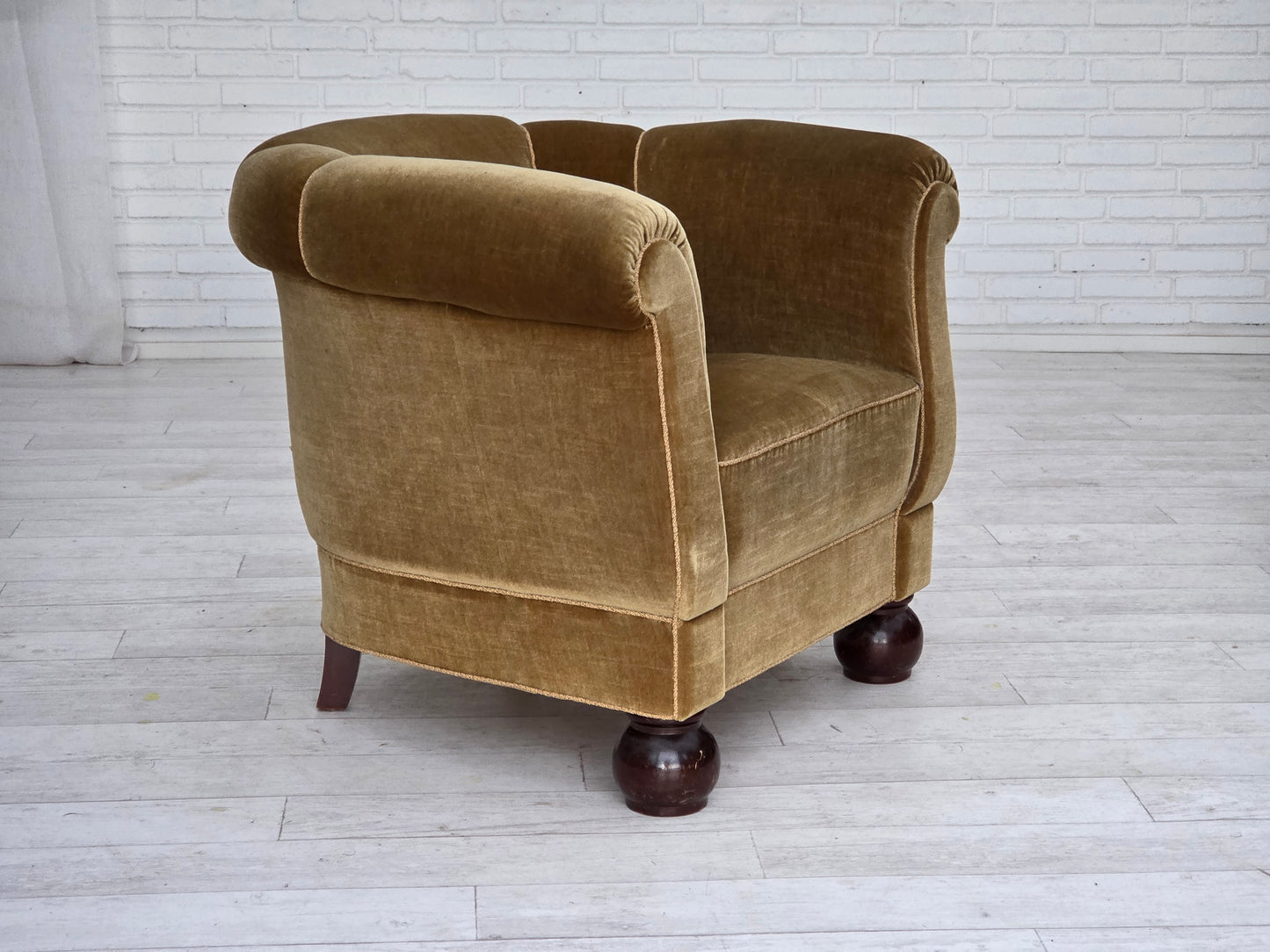 1960s, Danish relax armchair, light green furniture velour, oak wood legs.