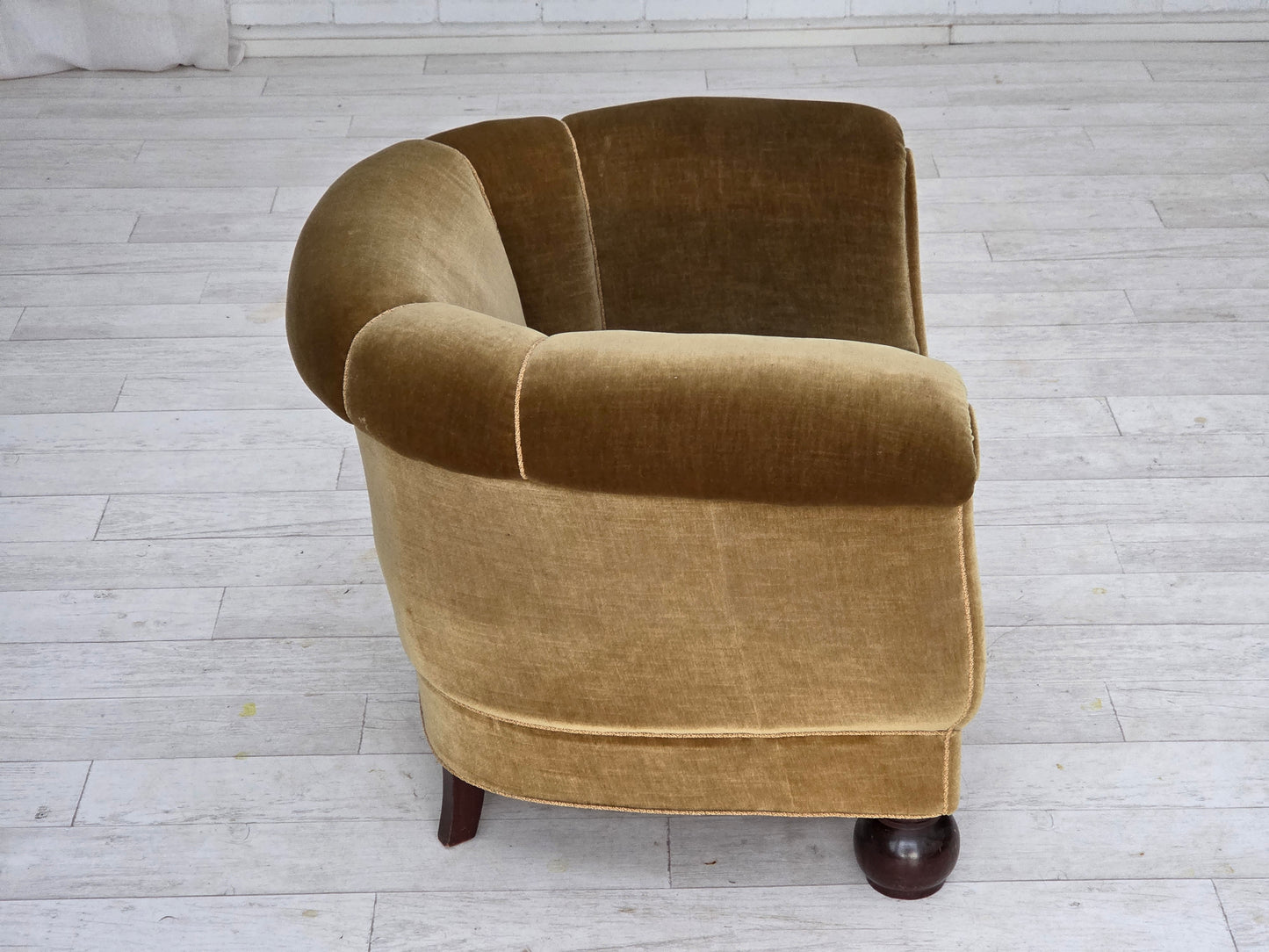 1960s, Danish relax armchair, light green furniture velour, oak wood legs.