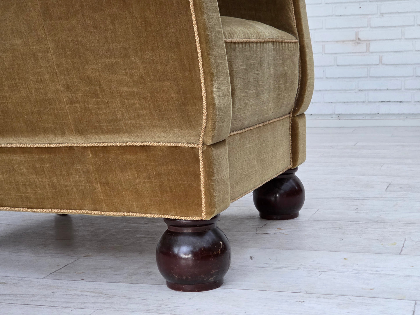 1960s, Danish relax armchair, light green furniture velour, oak wood legs.