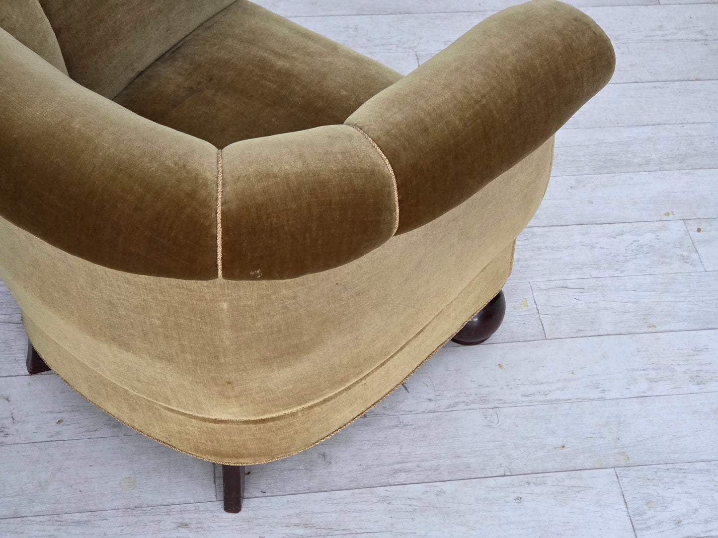 1960s, Danish relax armchair, light green furniture velour, oak wood legs.