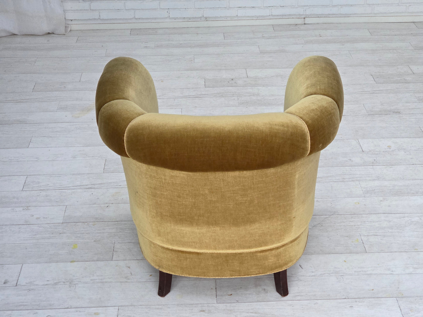1960s, Danish relax armchair, light green furniture velour, oak wood legs.