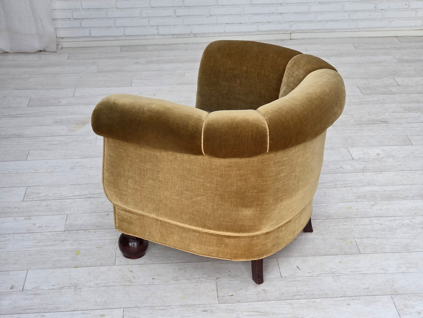 1960s, Danish relax armchair, light green furniture velour, oak wood legs.