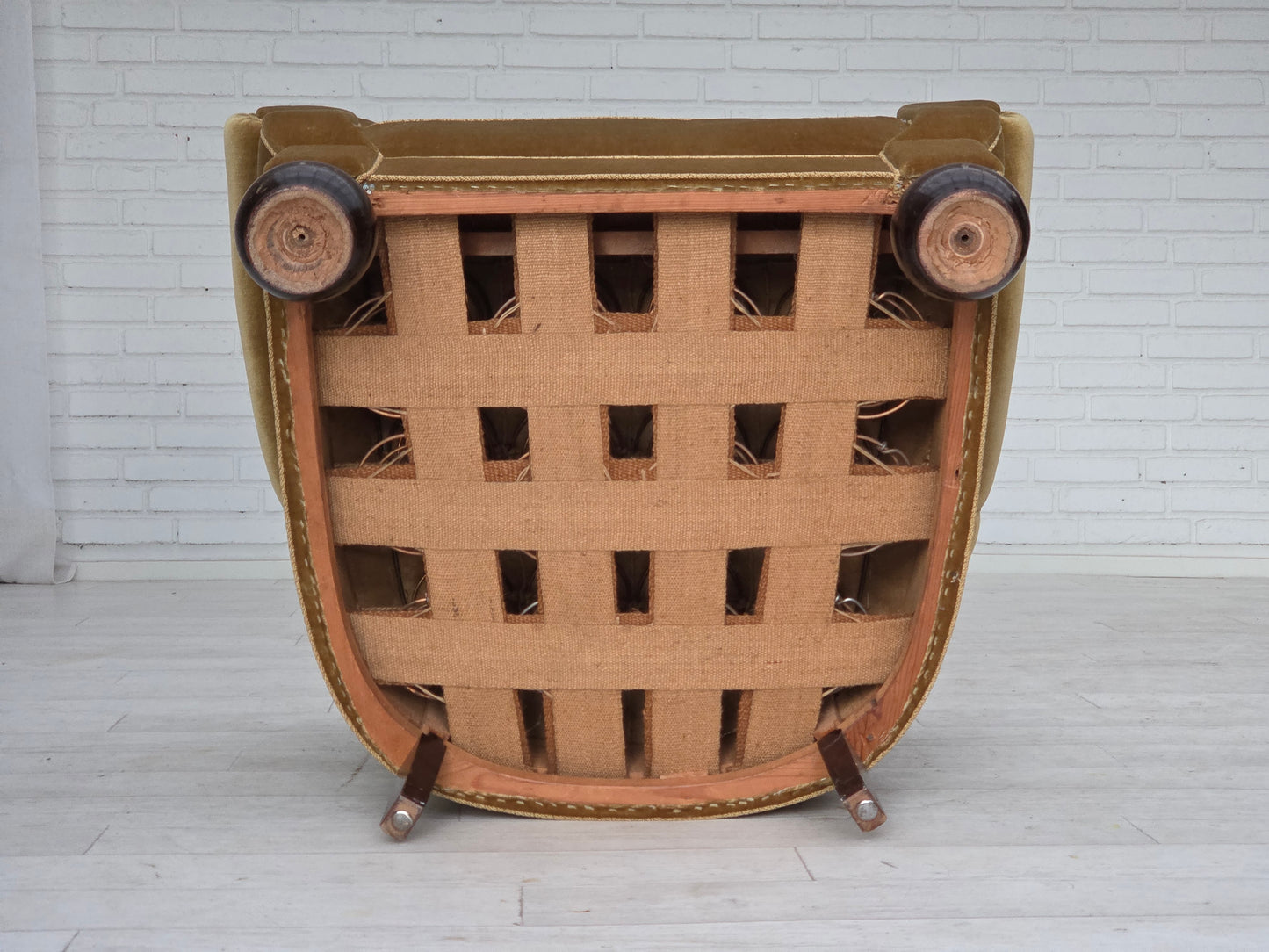 1960s, Danish relax armchair, light green furniture velour, oak wood legs.