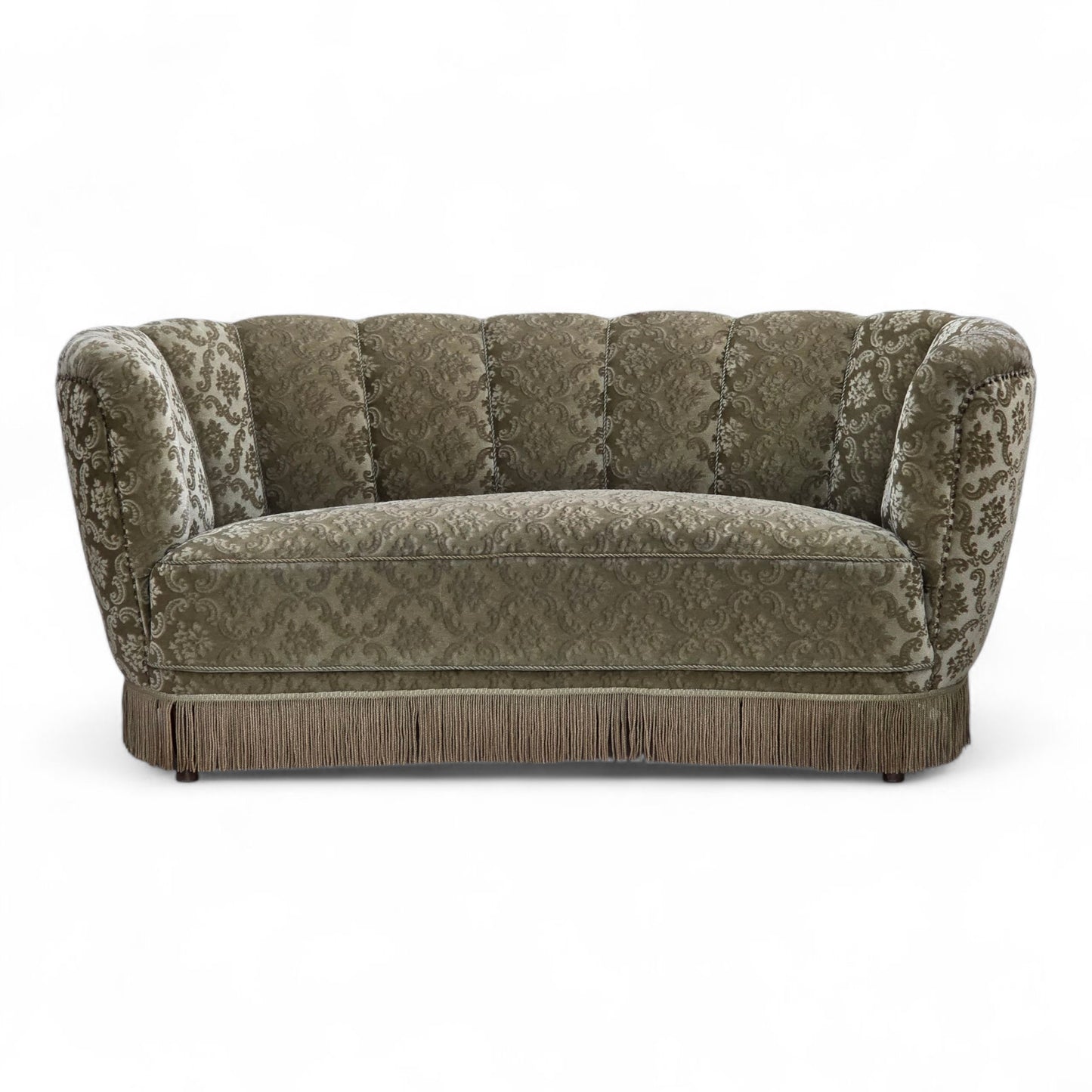 1960s, Danish 2-seater curved sofa, light green furniture velour.