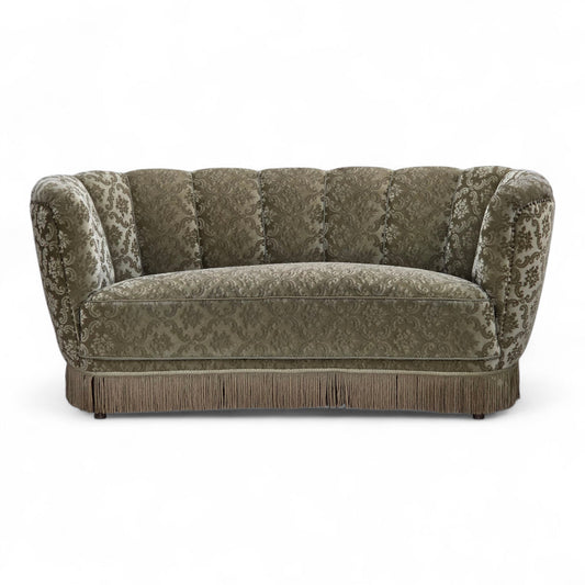 1960s, Danish 2-seater curved sofa, light green furniture velour.