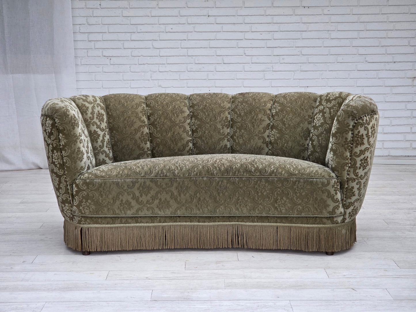 1960s, Danish 2-seater curved sofa, light green furniture velour.