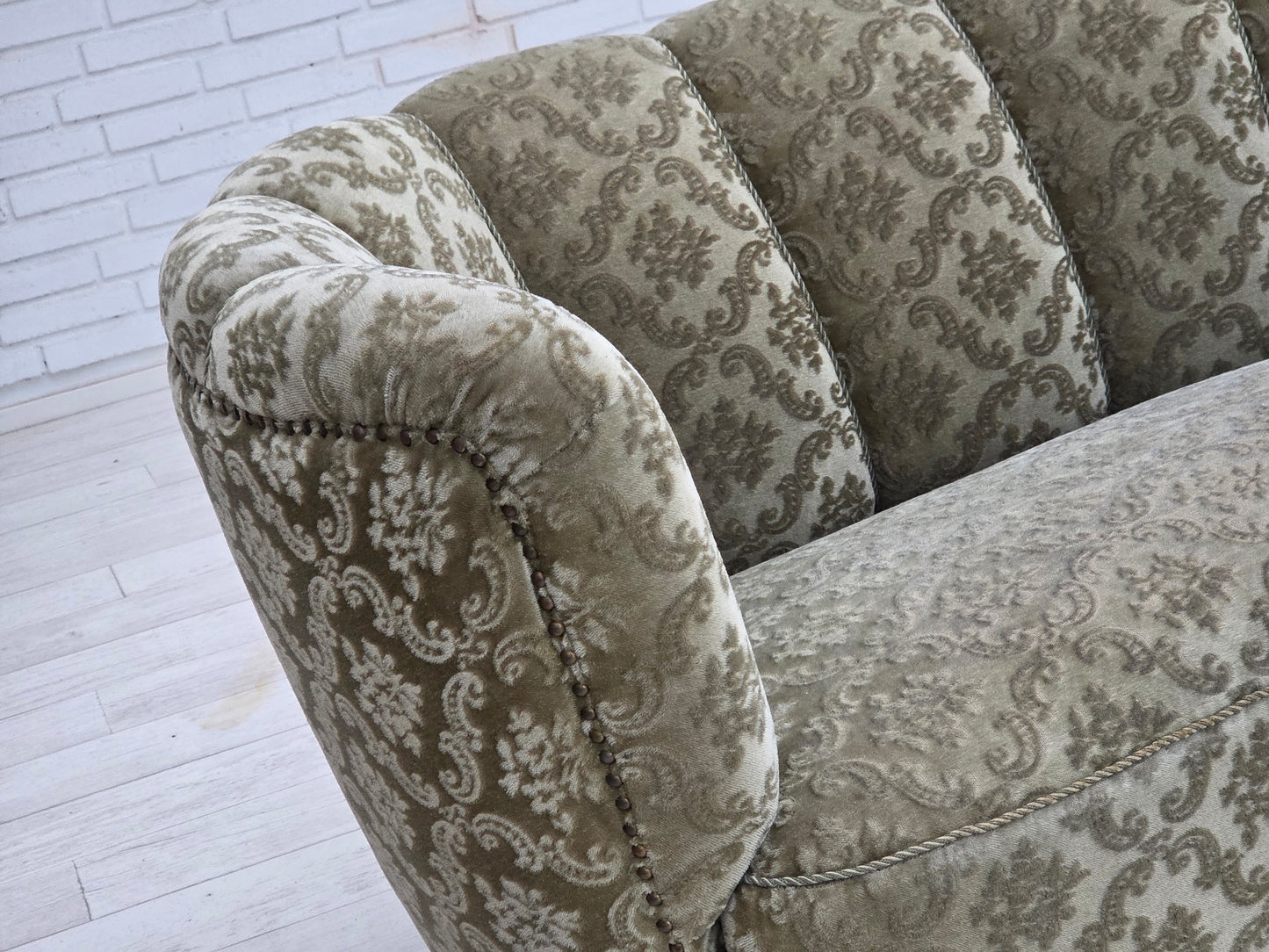 1960s, Danish 2-seater curved sofa, light green furniture velour.