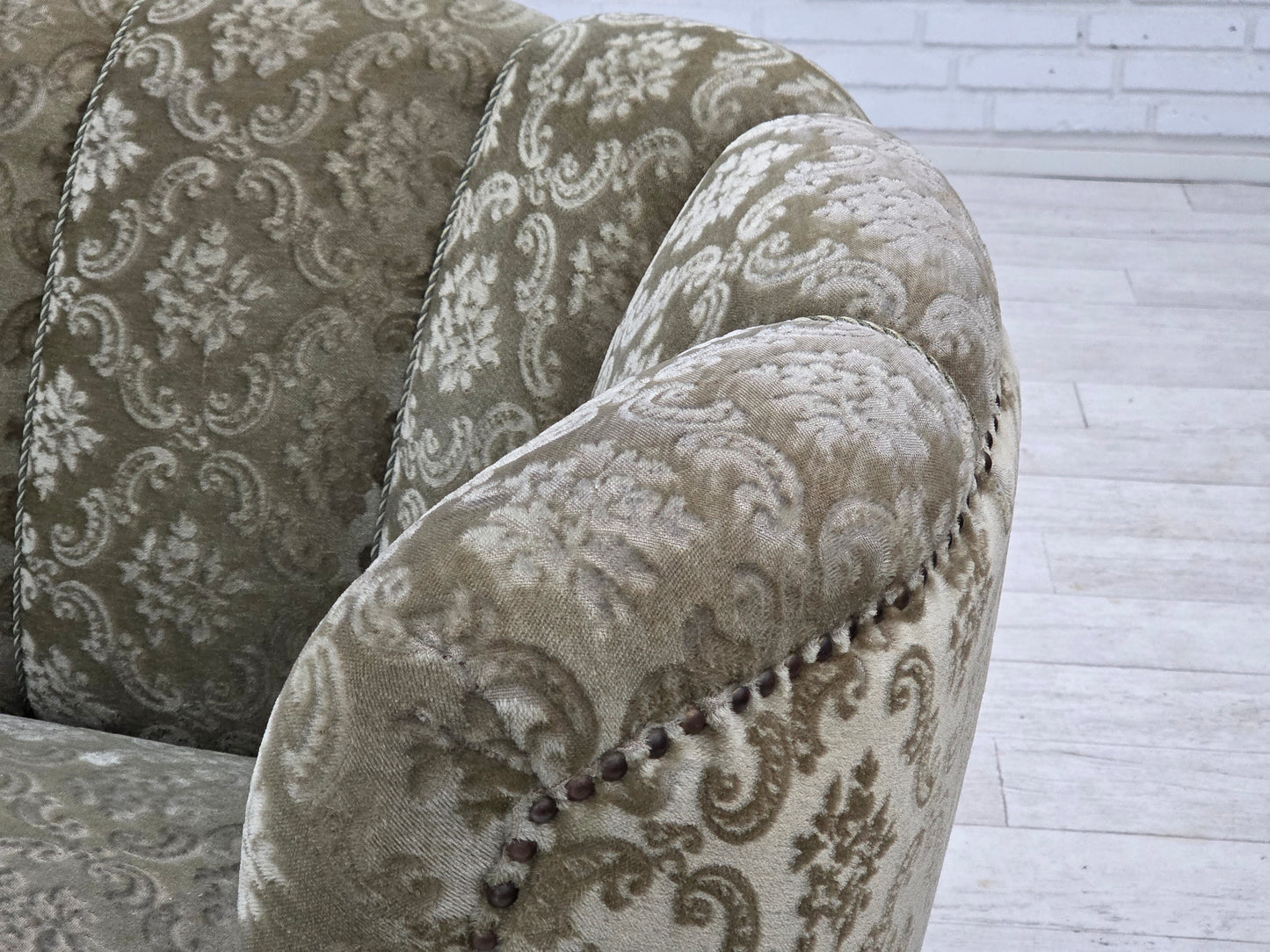 1960s, Danish 2-seater curved sofa, light green furniture velour.