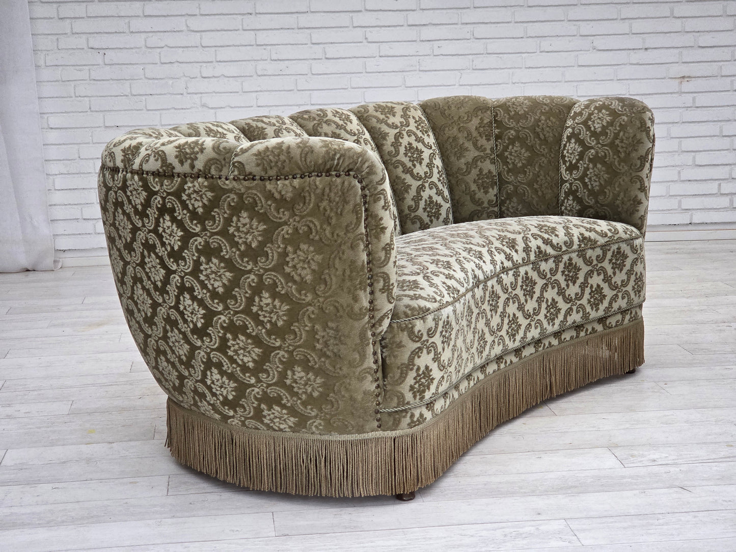 1960s, Danish 2-seater curved sofa, light green furniture velour.