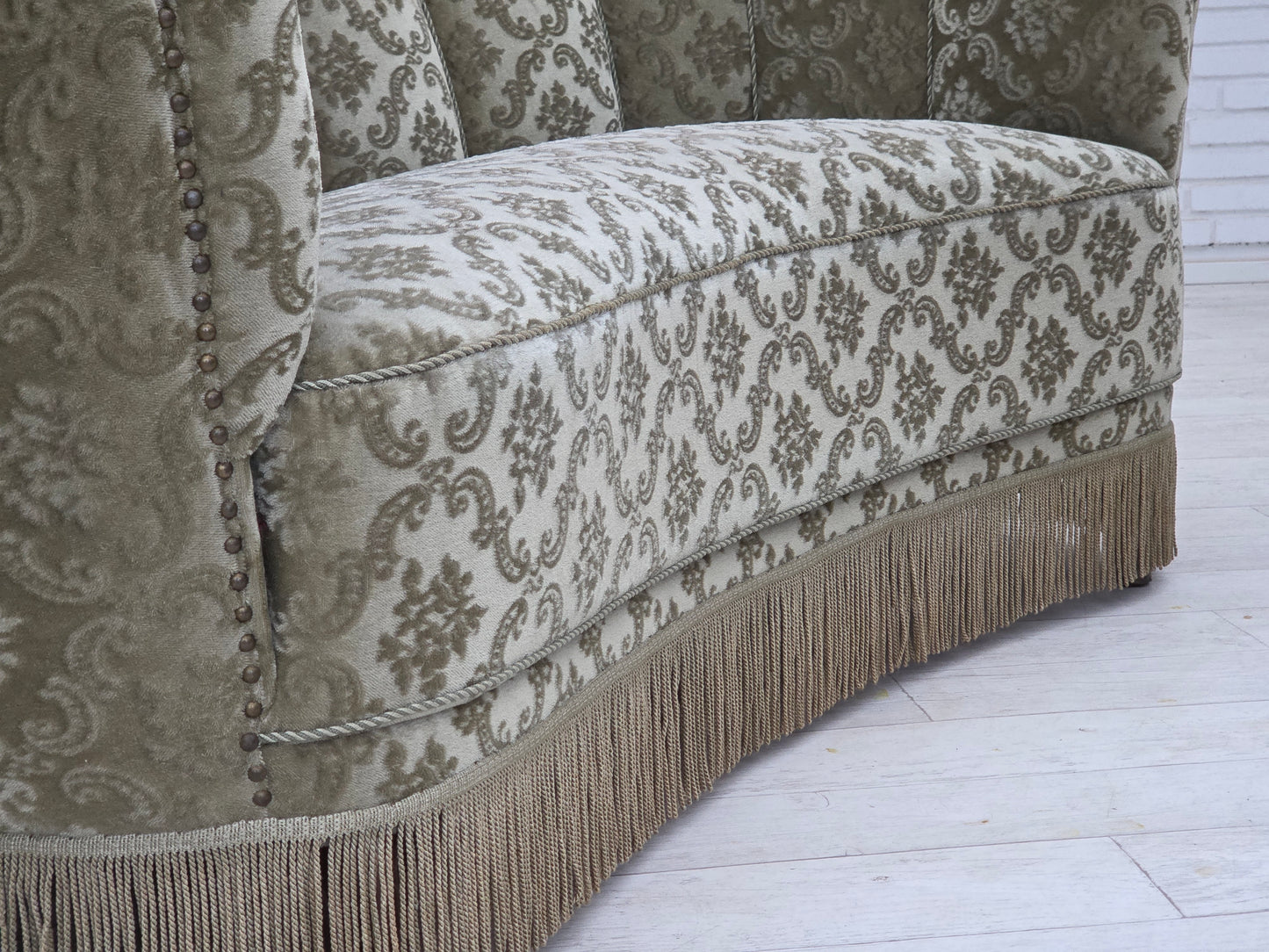 1960s, Danish 2-seater curved sofa, light green furniture velour.