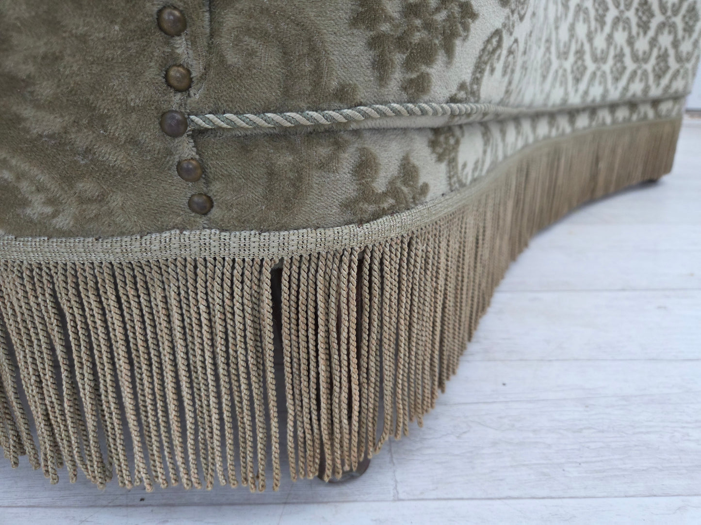 1960s, Danish 2-seater curved sofa, light green furniture velour.