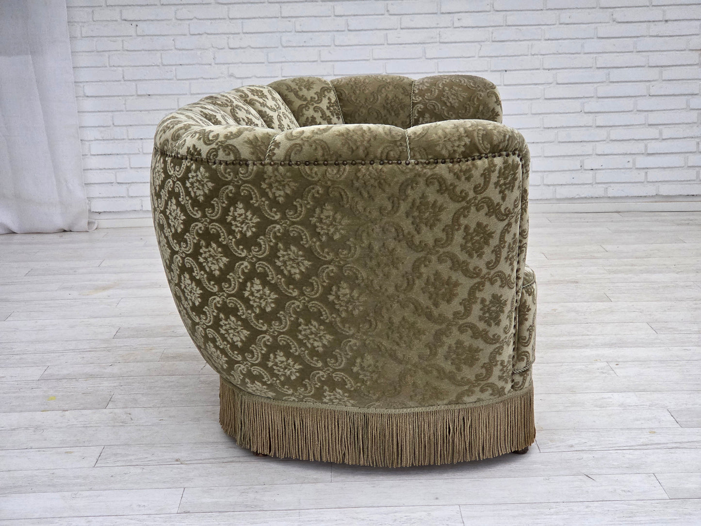 1960s, Danish 2-seater curved sofa, light green furniture velour.