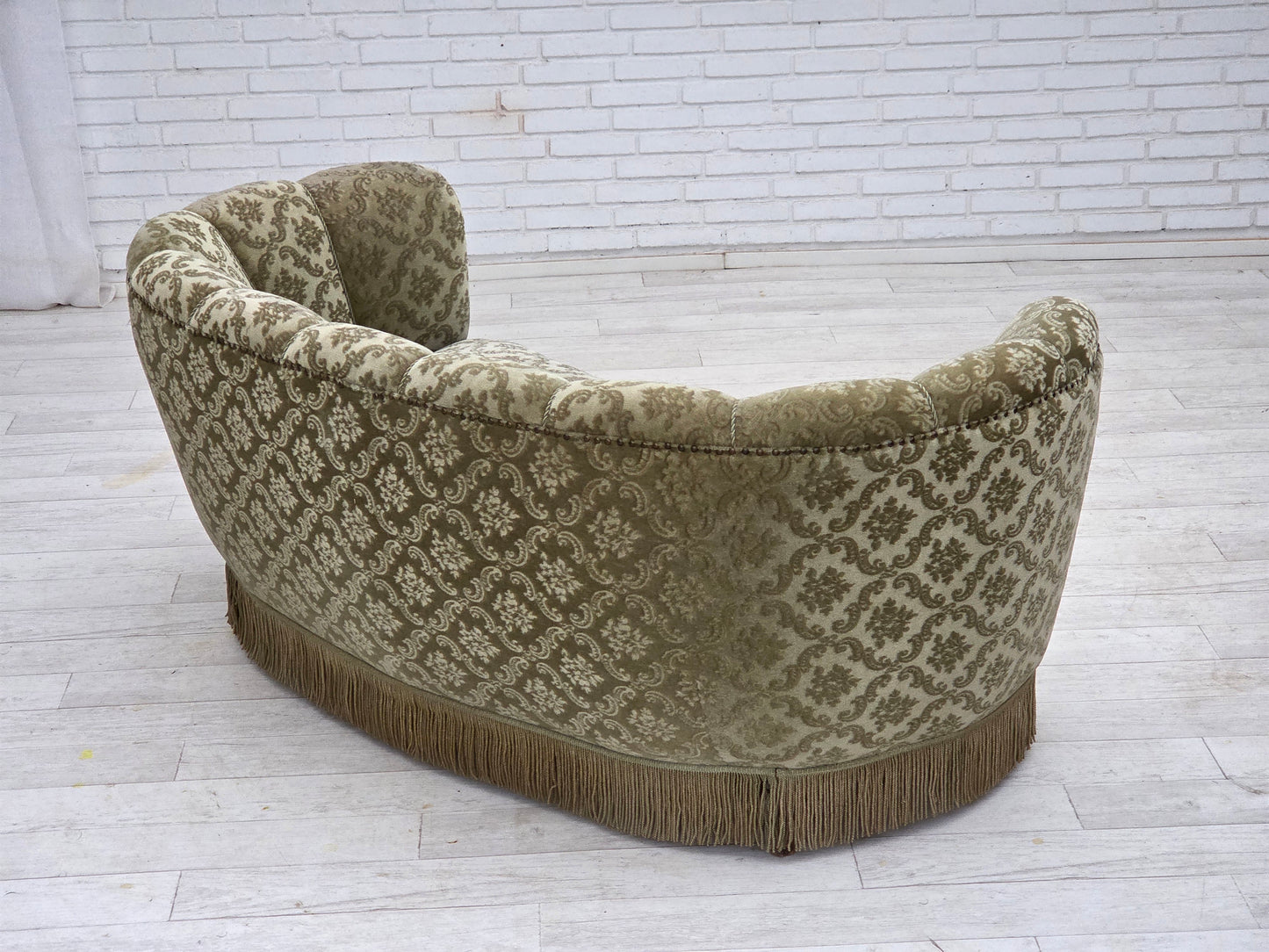 1960s, Danish 2-seater curved sofa, light green furniture velour.