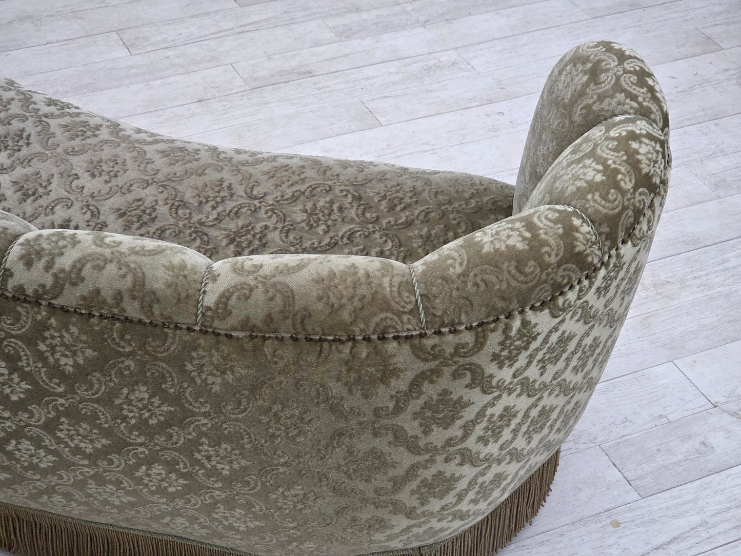 1960s, Danish 2-seater curved sofa, light green furniture velour.