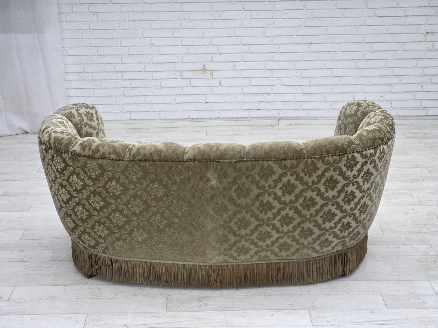 1960s, Danish 2-seater curved sofa, light green furniture velour.