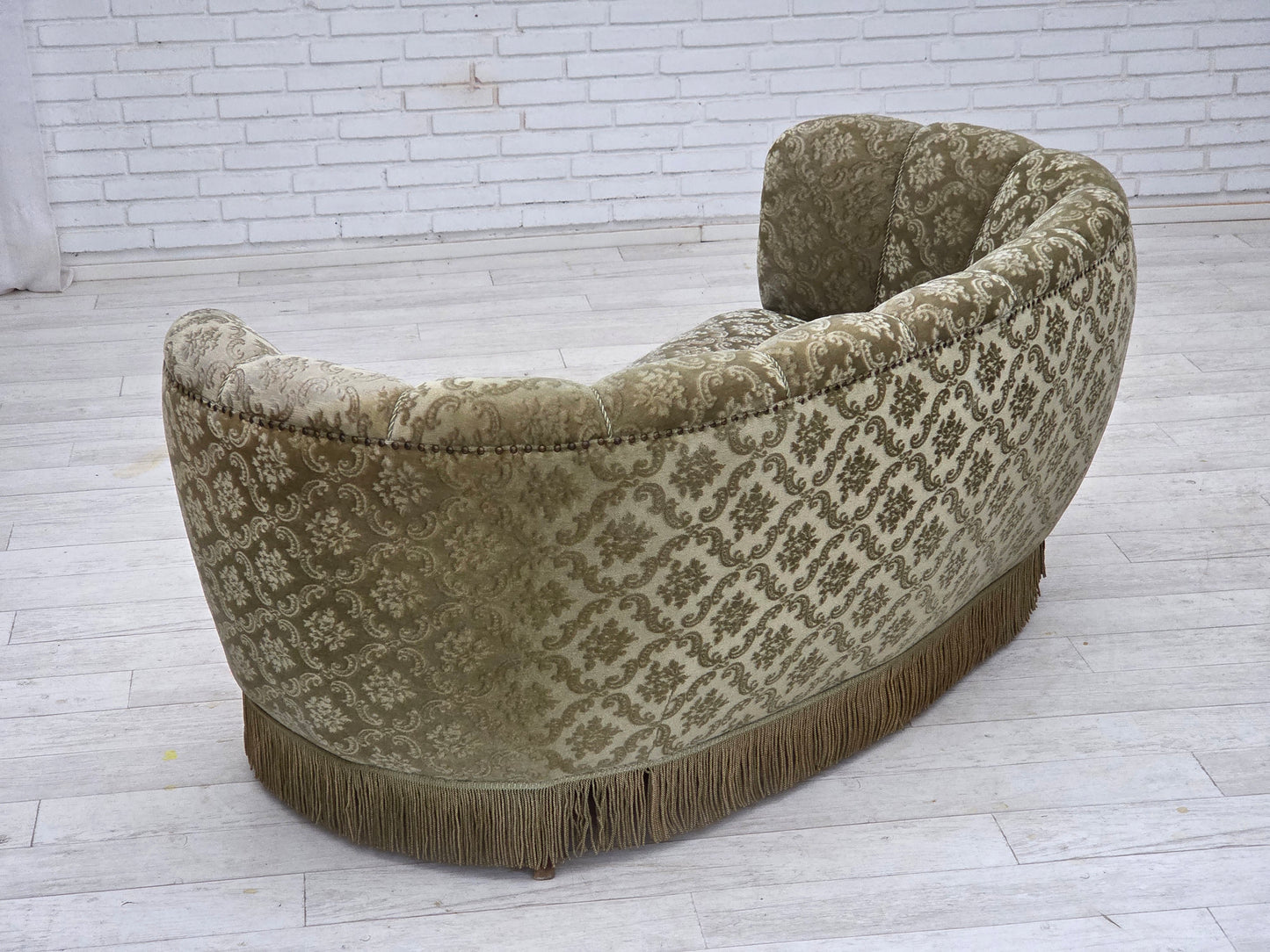 1960s, Danish 2-seater curved sofa, light green furniture velour.