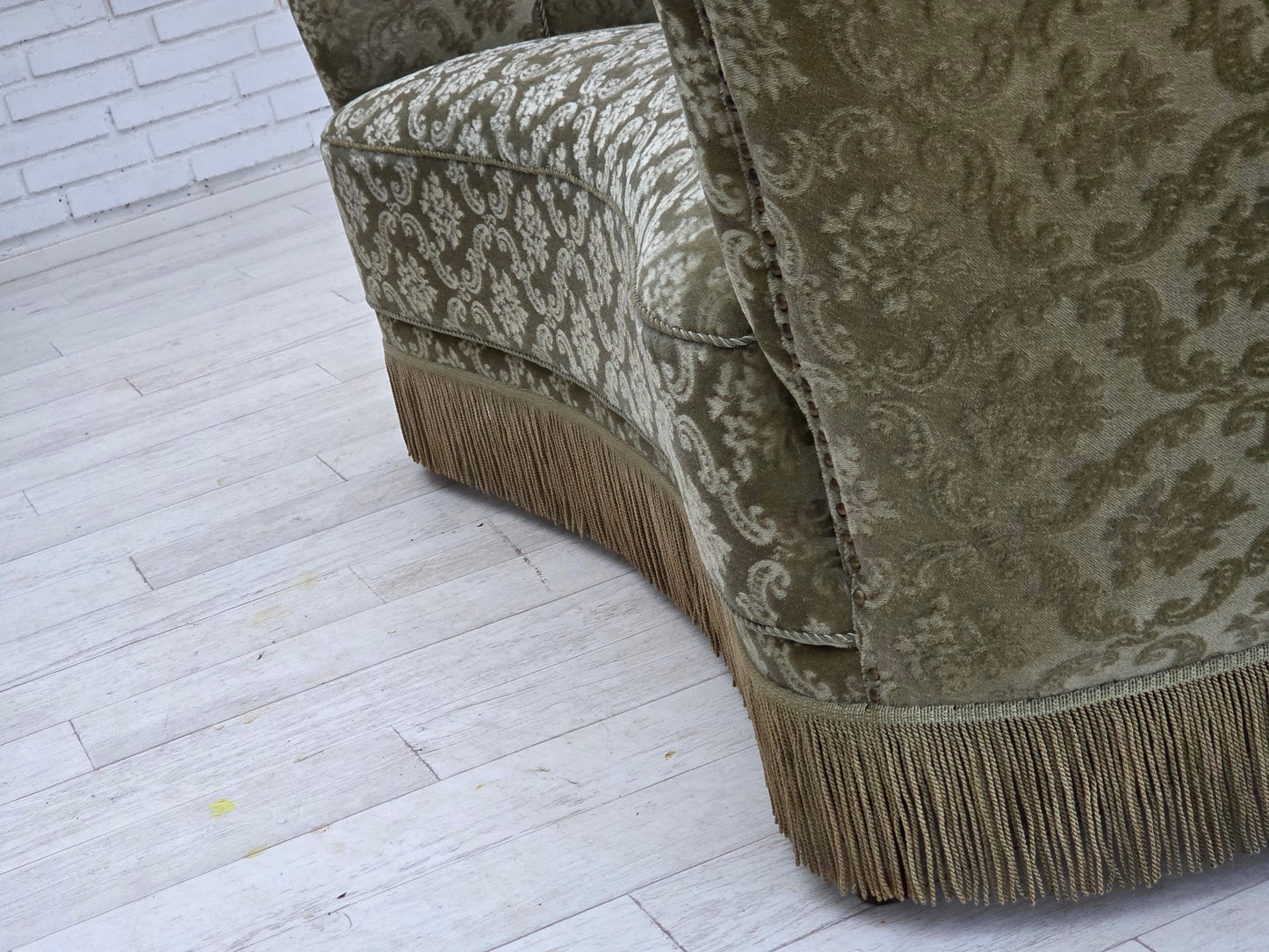 1960s, Danish 2-seater curved sofa, light green furniture velour.