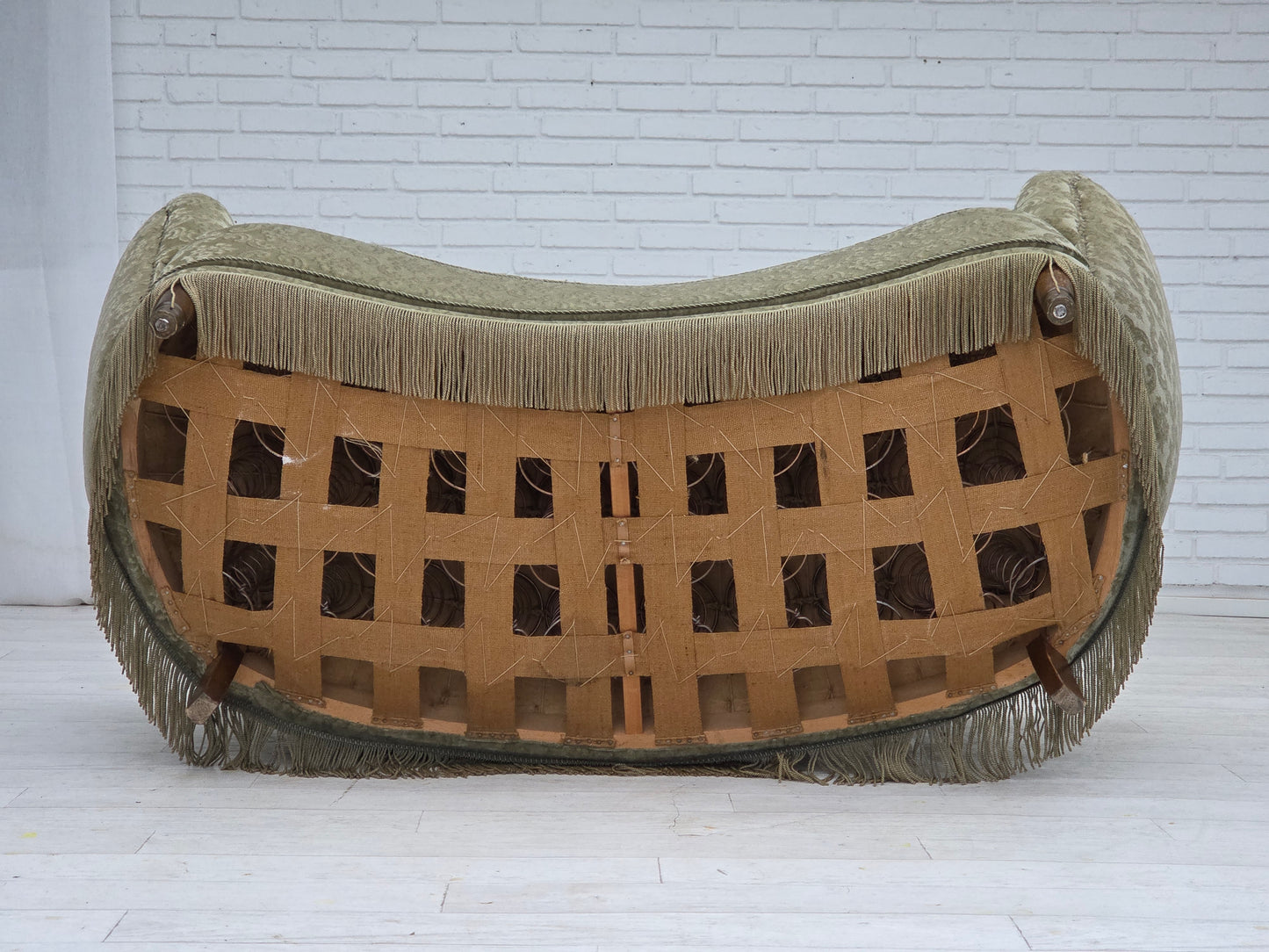 1960s, Danish 2-seater curved sofa, light green furniture velour.