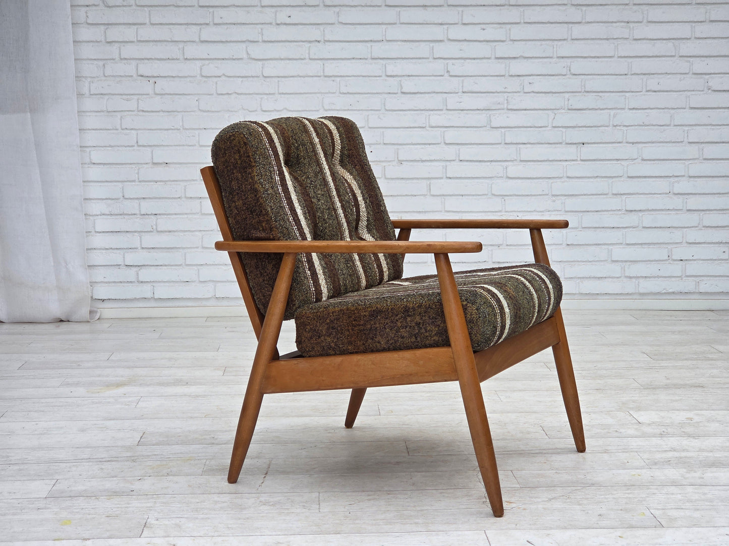 1970s, Danish armchair, beech wood, furniture wool fabric.