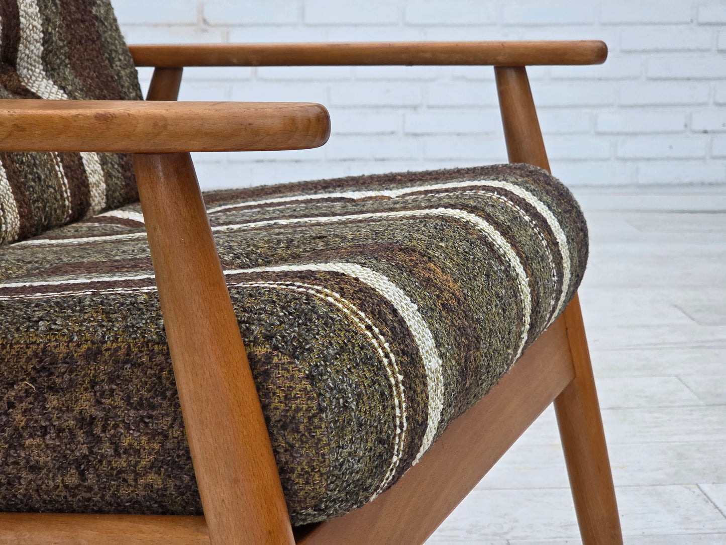1970s, Danish armchair, beech wood, furniture wool fabric.
