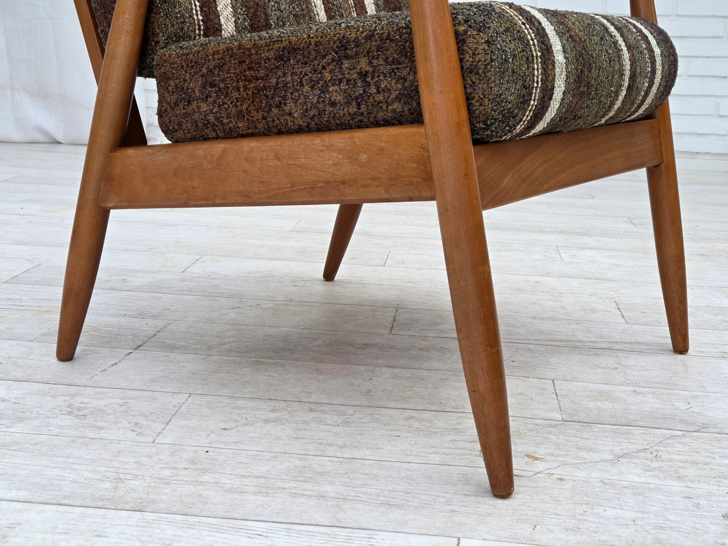 1970s, Danish armchair, beech wood, furniture wool fabric.