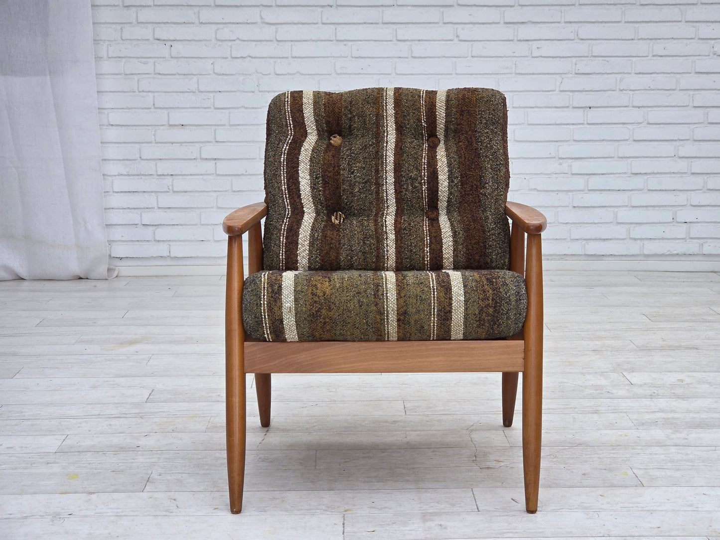 1970s, Danish armchair, beech wood, furniture wool fabric.